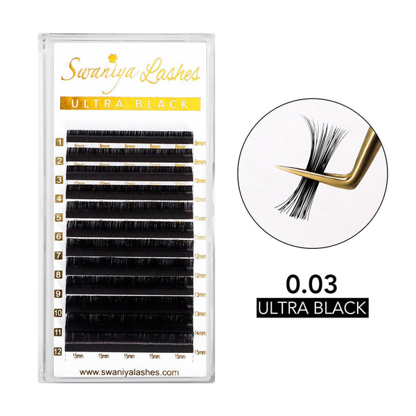 0.03mm Ultra Black Mega Volume Eyelash Extensions - Swaniyalashes